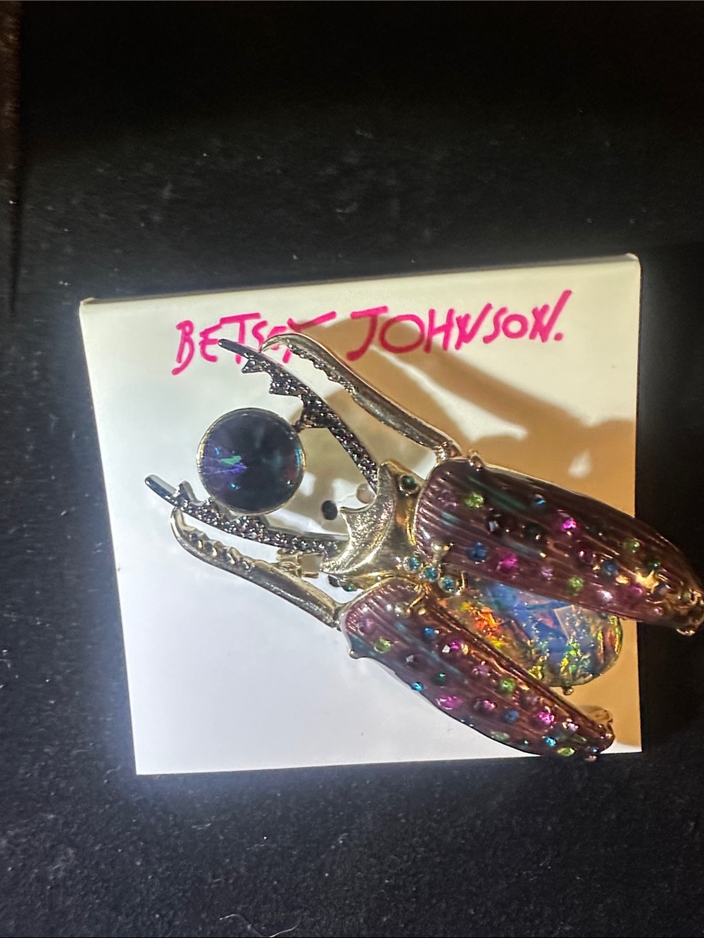 Betsey Johnson Purple Iridescent Beetle Brooch with Multicolor Crystals